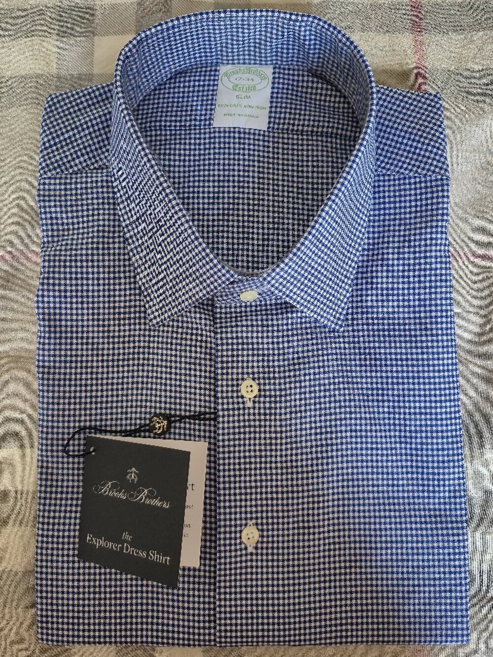 NWT Brooks Brothers Explorer Shirt Supima Cotton Blue White Plaid Checks 17/34
